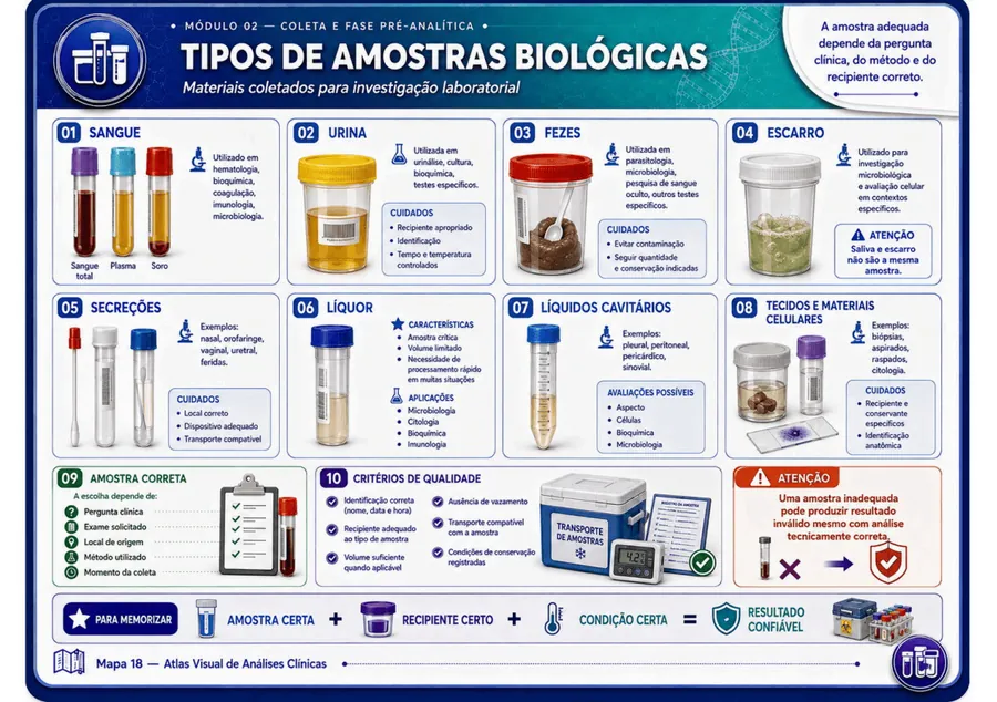 Mapa visual sobre tipos de amostras biológicas: sangue, urina, fezes, escarro e outros materiais de investigação laboratorial